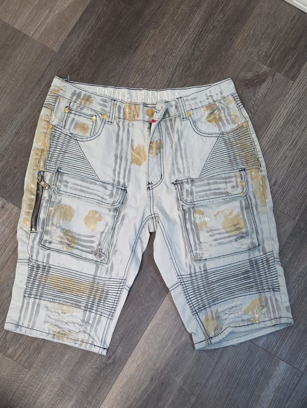 Vintage America Men's White Cargo Shorts with Gold Paint Accents